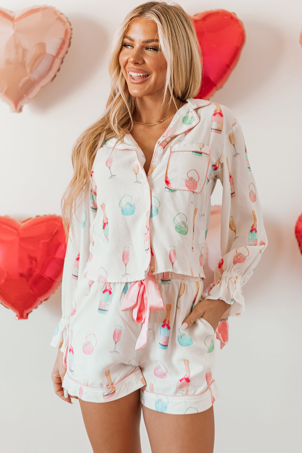 XX Valentine Wine Glass Bow Tie Pajama Set