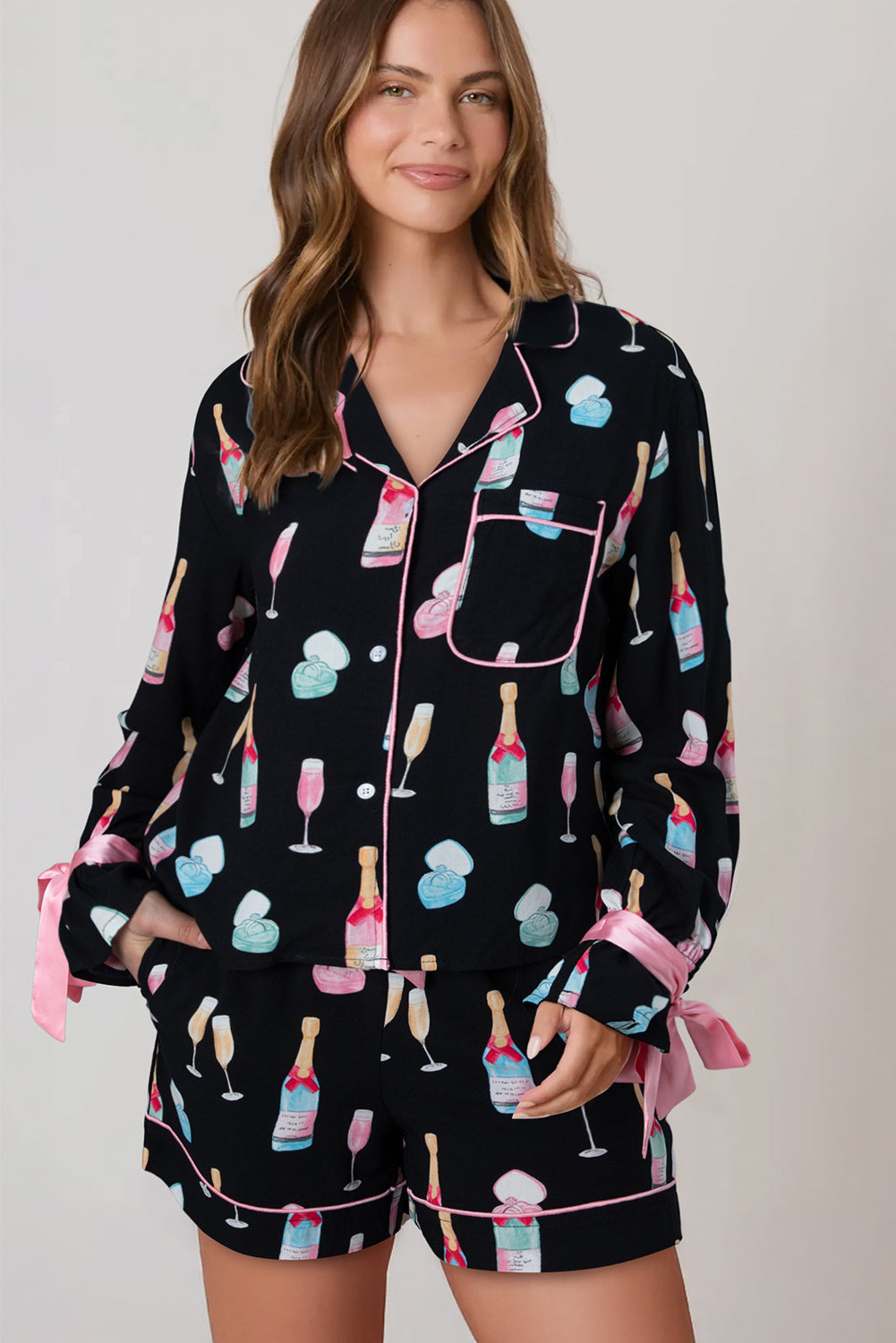 XX Valentine Wine Glass Bow Tie Pajama Set